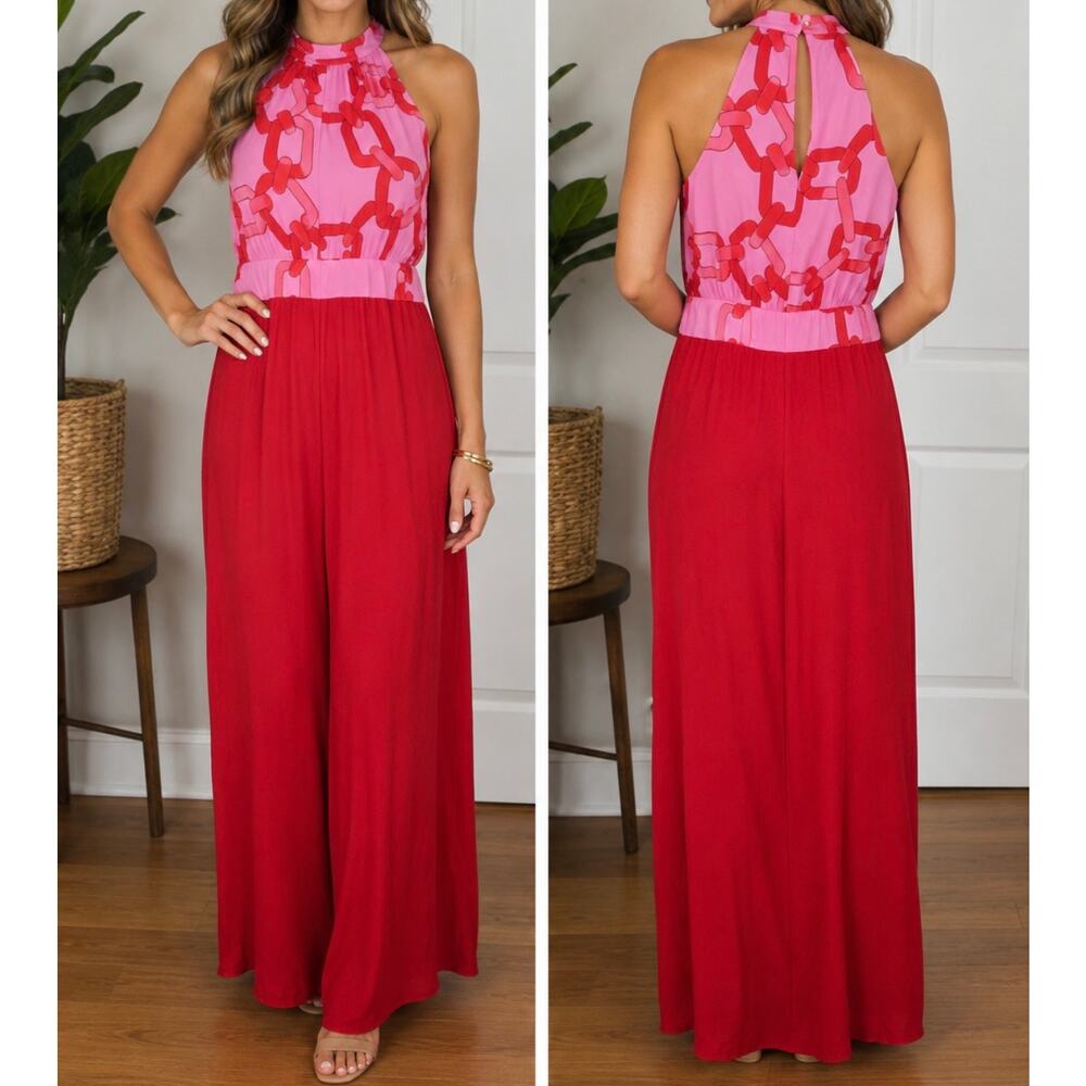 Traffic People NWT Pink/Red Chain Print Halter Jumpsuit Wide Leg Medium Resort - Picture 13 of 13
